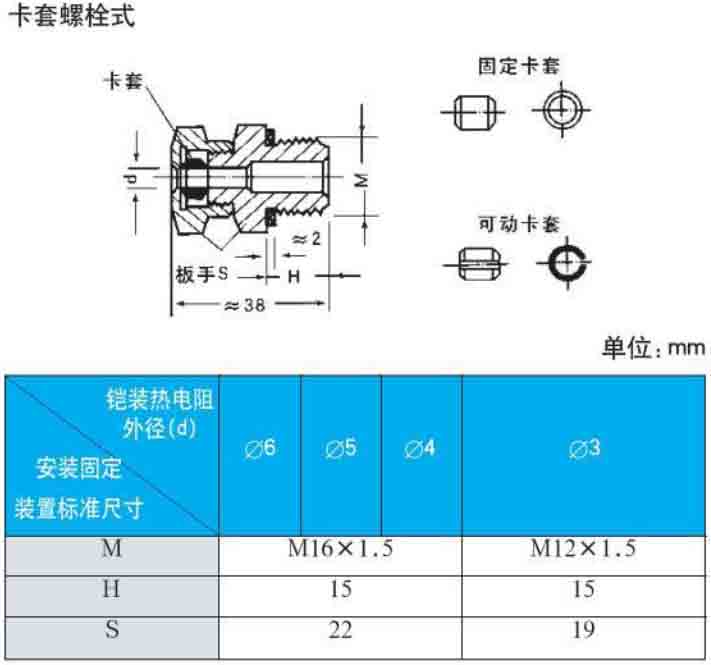 铠装热电阻卡套螺栓式安装尺寸图